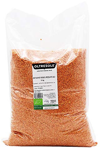 Oltresole, Lenticchie Rosse Spezzate Biologiche 5 Kg, Legumi Secchi Bio Decorticati e Spezzati, Non Richiedono Ammollo, Fonte di Proteine e Fibre, Formato Convenienza