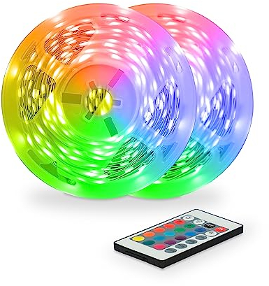 KSIX Tira de luces LED 2x5m (10 metros), 16 colores RGB. Control remoto. Tiras led 12v multicolor cinta adhesiva. Luces led decoración pared, techo, cama y TV. Protección IP20