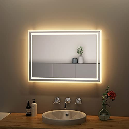 S'AFIELINA Badspiegel mit Beleuchtung 50x70cm LED Badspiegel 3000K Warmweiß Wandschalter Badezimmerspiegel mit Beleuchtung Horizontal/Vertikal Montage IP44 Energiesparend