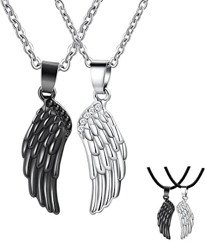 BCughia Pärchen Ketten für 2, Paar Halskette Engelsflügel Freundschaftskette Silber Schwarz Zirkonia Kette 60cm 50cm Pärchen Geschenke für Paare
