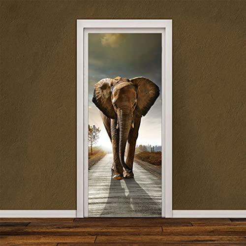 HAOTING Türaufkleber Türtapete Selbstklebend Afrika & Elefanten TürPoster 3D Bewirken Fototapete Türfolie Poster Tapete Abnehmbar Wandtapete für Wohnzimmer Küche Schlafzimmer 88x200 cm