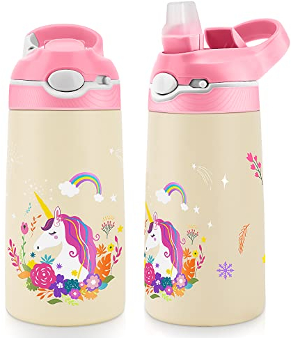 JYPS 400ml Kids Water Bottles with Straw for Girls, Unicorn Stainless Steel Water Bottle for School, Vacuum Insulated, BPA-Free, Leak-proof, Double-Walled, Metal Drink Bottle (Flowers)