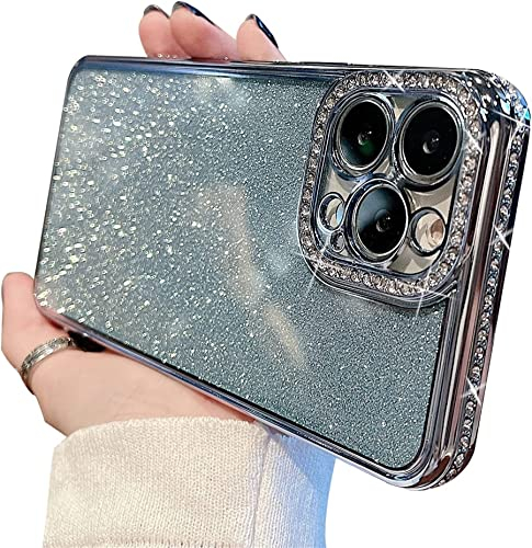 Tybiky Coque de protection pour iPhone 13 - En silicone brillant - Avec strass et diamant brillant - Pare-chocs et objectif d'appareil photo - Bleu