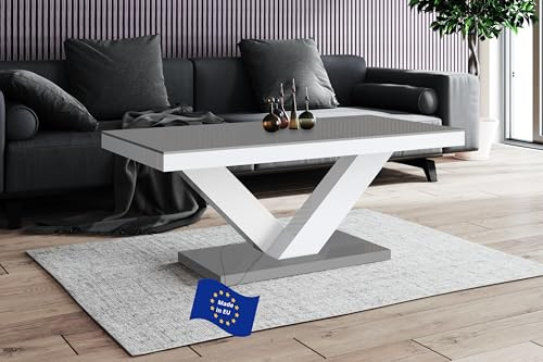 designimpex Design Couchtisch HV-888 Grau/Weiß Hochglanz 120x49x60cm Wohnzimmertisch Sofatisch modern platzsparend Wohnzimmer Tisch für kleine Räume Living Room Table