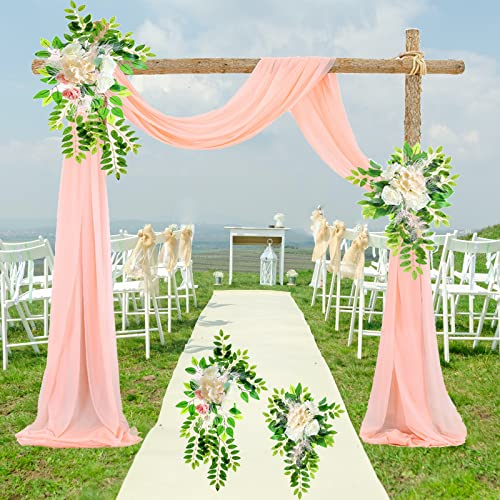 9 Stck Set Hochzeit Vorhang, 75 * 600cm Blumen Vorhang Tüllstoff Rosa mit 2 Künstlicher Blumen Hochzeitsbogen Drapierstoff Querbehang Freihanddeko Foto Hintergrundvorhang Torbogen Zeremonie Party