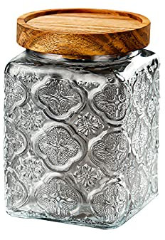 KEEMEN Glass Storage Jars Vintage Glass Food Storage Containers with Airtight Wooden Lid Kitchen Spice Jars Canister for Candy, Cookie, Coffee Beans, Tea, Flour, Grains(Square Begonia Flower)