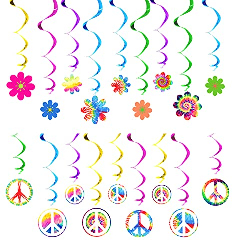 36 Stück 60er Jahre Hippie Thema Party Folien Wirbel Dekorationen, 60er Jahre Groovy Party Retro Blumen Ausschnitte Friedenszeichen Hängende Wirbel Decken Dekorationen