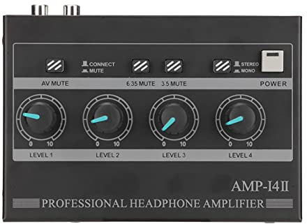 AMP14II 4-Kanal-Kopfhörerverstärker, Kompakter 4-Wege-Stereo-Kopfhörerverstärker mit 12V 2A-Adapter, Minimale Verzerrung für Studio und Bühne (EU-Stecker)