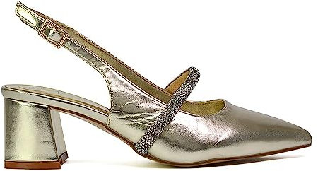 Womens Low Heel Bridal Shoes Ladies Pull On Slingback Diamante Strap Gold Wedding Party Pointed Toe Courts Pumps Size 8