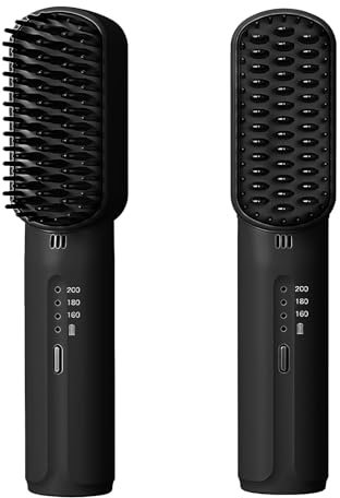 Brosse à lisser sans fil, mini peigne portatif de redressement de cheveux pour femmes avec 3 niveaux de chauffage, brosse à lisser les cheveux chauds pour barbe noire