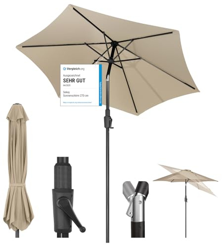 Sekey Sombrilla de 220 cm con manivela e inclinación para coche, sombrilla de mercado para terraza, balcón y jardín, resistente al viento, estable UPF 50+