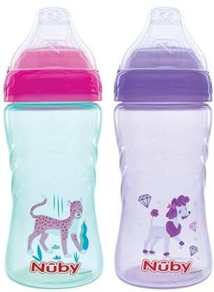 Nuby 2 Pack No Spill Printed Thirsty Kids No-Spill Sip-it Sport Cup with Soft Spout and Lid - 12oz, 12+ Months, 2 Pack, Aqua Cheetah & Purple Puppy Dog