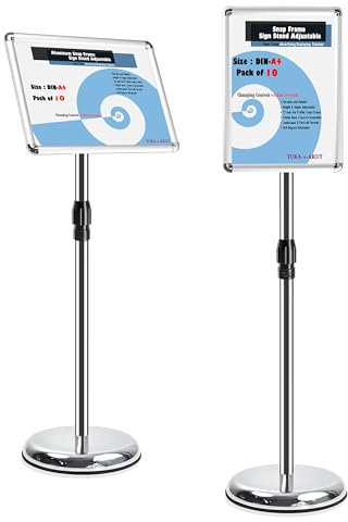 TUKA-i-AKUT 10X A4 Support d'information, Hauteur Réglable, Rotatif, Portrait / Paysage Porte-Affiche Panneau d'affichage, Présentoir sur Pied pour Publicitaires Interchangeables, Argent TKD8423-10X