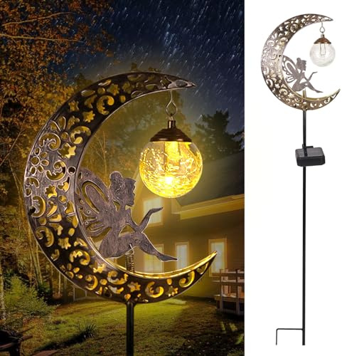 QOCNAM Solarleuchten für den Außenbereich, wasserdichte Lichterkette für den Garten, Mond, Engels-Fantasy-Gartenlampe mit Vintage-Metall und rissiger Glaskugel, Landschaftsweg-Dekoration für Innenhof,