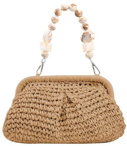 Bolso De Rafia,Embrague De Rafia, Bolsos De Paja para Mujer Monedero De Paja Tejida Embrague De Paja Informal con Asa De Cuentas Elegante De Verano para Viajes De Vacaciones En La Playa, Caqui