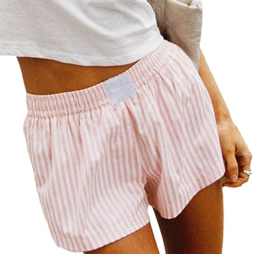 MAHUAOYIXI Pantaloncini Estivo Donna Elegante Ragazza Pantaloni Elastica Leggeri a Vita Bassa Pantaloncini da Donna a Righe Pantaloncini Casual Elasticizzati in Vita a Righe a Gamba Larga (Rosa, S)