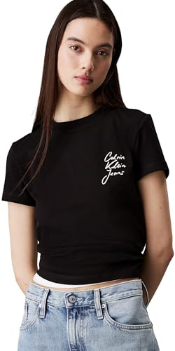Calvin Klein Damen T-Shirts Kurzarm Script Institutional Baby Tee Rundhalsausschnitt, Schwarz (Ck Black), S