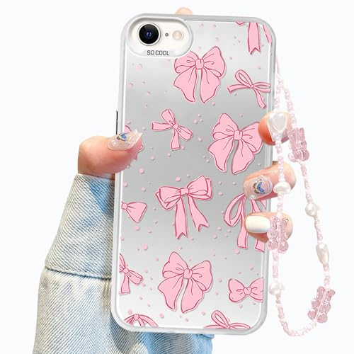 Jusy Coquette Bow Phone Case for iPhone 7/8/SE, Cute Pink Bow Aesthetic Case for Women and Girls