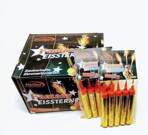 Keller 30 Sek. Tortenfontäne Zimmerfontäne Fantasy Eissterne Zaubersterne Eisfontäne Traumsterne mit Goldener Flamme für Verlobung Hochzeit Geburtstag Kinder und Deko für Kuchen Torten Gold (100)