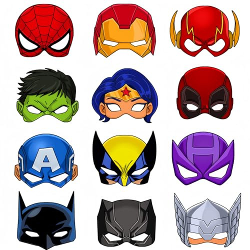 Kids Superhero Masks for Party Bag Fillers - 12pcs Super Hero Dress Up Cosplay Costumes, Spider Man Masks for Boys Girls - Masquerade Birthday Party Supplies