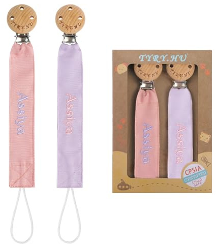 TYRY.HU Catenella Portaciuccio con Nome Personalizzata Porta Succhietto Clip di Legno Cotone Bambine Ragazzi Massaggiagengive Ciuccio Clip Baby Regalo, 2 Pezzi