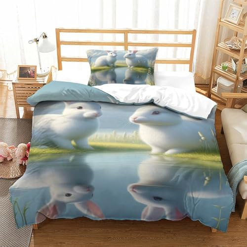 RJAVAGFZL Bettwäschegarnitur 3D Gedruckter Kaninchen Bettbezug Set Für Kinder Mädchen Jungen Und Kissenbezüge Bettwäsche Reissverschluss Weich Microfaser 2 Teilig Single（135x200cm）