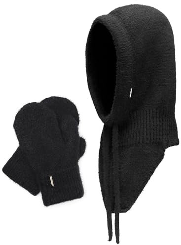 VIVISENCE Winterset Für Damen Schalmütze Mit Und Warme Fausthandschuhe Mit Fleecefutter Hergestellt Aus Weichem Warme Garn Perfekt Für Kalte Wintertage, Schwarz,Einheitsgröße