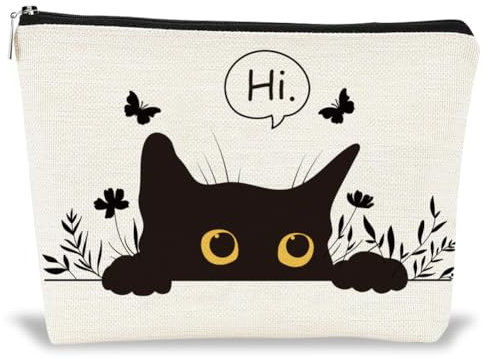 GOMAKERER Trousses de Maquillage à Fermeture Éclair Trousse de Toilette de Voyage Portable à Imprimé Chat Noir Personnalisée Pochettes Organisateur D'Accessoires pour Femmes Filles Cadeaux 25x18x5cm