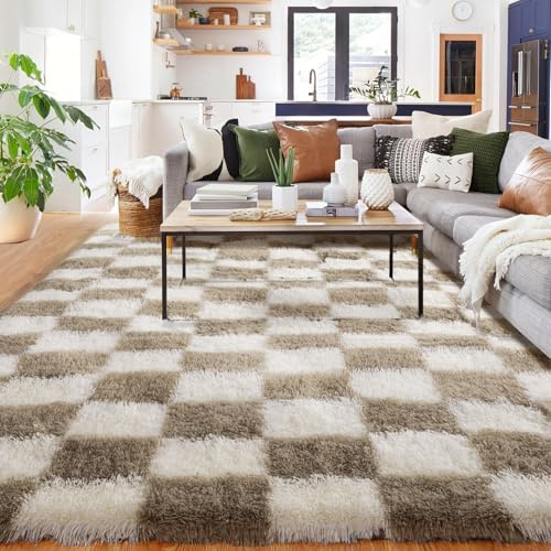 BYBSRLL Kariert Teppiche, 240x300cm Beige und Weiß Flauschig Wohnzimmer Teppich, Hochflor Groß Waschbar Schlafzimmer Deko Mädchen Jungen Jugendzimmer Kinderteppich Bettvorleger