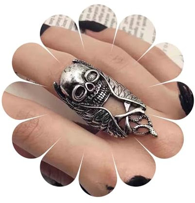 Aneneiceera Punk Schädel Ring Silber Lange Schädel Ringe Schädel Finger Ringe Breit Lange Schädel Band Ringe Einstellbar Skelett Ring Schmuck Für Frauen