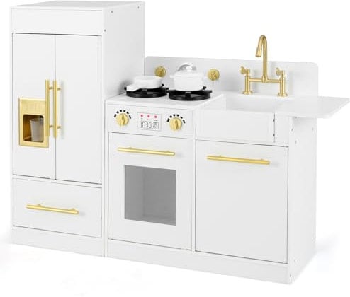 COSTWAY Kids Wooden Kitchen, Pretend Play Kitchen with Refrigerator, Stove, Sink, Ice Maker, Clock, Dishwasher & Accessories, Children Cooking Role Playset for Boys Girls