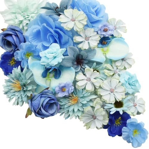 Zequech 35 fiori di plastica per artigianato, mini fiori decorativi in serie blu, fiori per bouquet da sposa, lavagnetta da parete, festa di nozze, casa, giardino, decorazione fai da te, foto