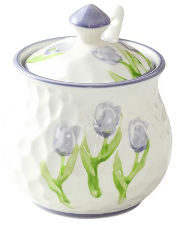 Dowbom Zuckerdose mit Deckel und Löffel, Blumenmuster, Porzellan, Salztopf, Gewürzdose (lila)