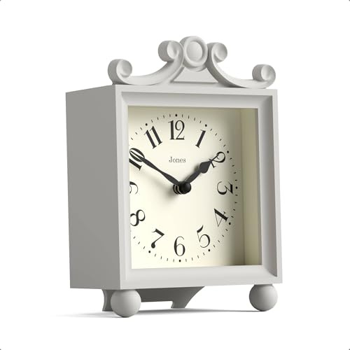 JONES CLOCKS® Parlour Kaminuhr | Kleine Reiseuhr | Blasses Grau | Elegantes quadratisches Dekorgehäuse | Perfekt für Kamin, Regal, Tisch oder Nachttisch