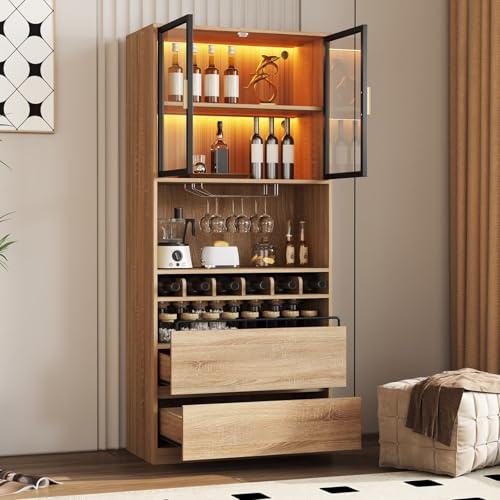PUGSDRLY Meuble Cuisine,Buffet Cuisine,Vitrine en Verre avec LED Réglable,Casier à Bouteilles,Porte-Verres à Vin,Buffet Salon,Vaisselier avec 2 Tiroirs,pour Bar,Salle à Manger(A)