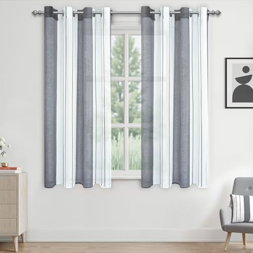 MRTREES Gardinen mit Ösen Gardinen Küche Vorhang Transparent 2er Set 130 cm Lang 140 cm Breit, Grau-Weiß Streifen Voile Vorhänge Modern Halbtransparent Fenster Schals Stores