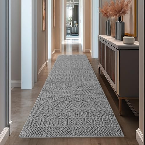 Teppium Teppich Läufer 80x250 cm Grau Vintage Design Bouclé Schlingenflor Skandi Stil Superweich Robust Pflegeleicht Moderner Flurteppich für Eingangsbereich Küche Korridor Schlafzimmer