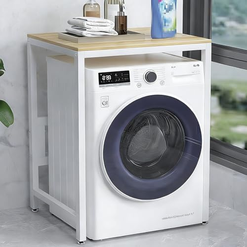 Estante Apilable for Lavadora y Secadora, Capacidad de 50 Kg Mueble Lavadora, Estructura Metálica, Armario Lavadoras for Apartamentos Compactos, Baños(White+Natural,66x50x90cm)