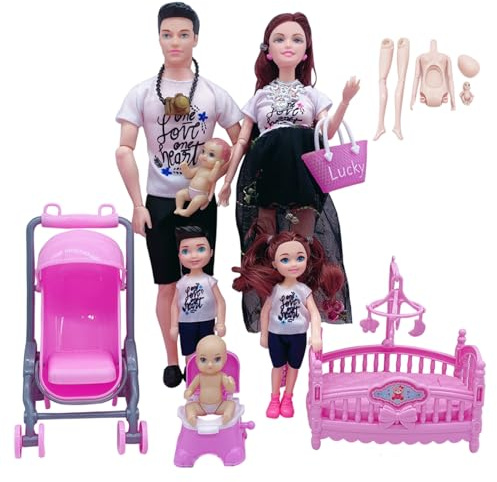 Comebachome Familienpuppen-Set mit 6 beweglichen Gelenken, Schwangere Puppe mit Baby im Bauch, Papa und 4 Kindern für Bildung und Puppenhauszubehör, Décor extérieur
