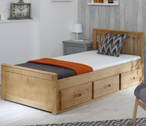Home Divine Mission Solid Waxed Pine Wooden Storage Bed Frame with 3 Drawers Furniture Single Shaker Headboard, Strong Slatted Base, 3FT