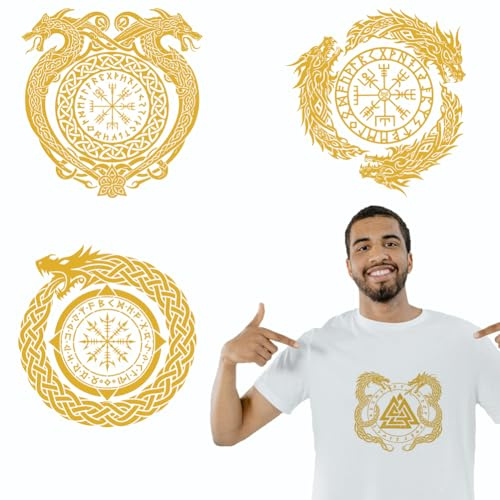 arricraft 4 Bogen Wikinger Drachen Motiv Bügelaufkleber Goldener Knoten Drachenmuster Druck Transferaufkleber Für DIY T Shirts Jeans Rucksäcke Familienkleidung Hüte Dekoration Applikationen