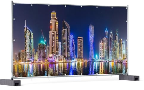 Wallario XXL Outdoor-Poster für Garten oder Balkon Skyline am nächtlichen Hafen, Motivbanner Größe: ca. 340 x 173 cm, Outdoor-Bild