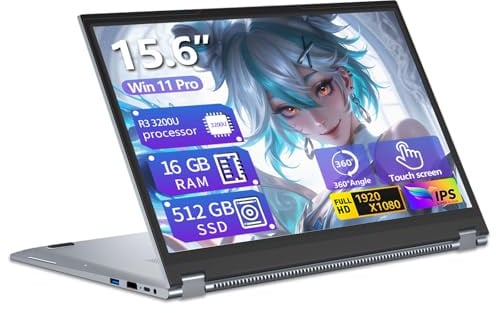 PC Portatile 2-in-1 Touchscreen da 15,6 Pollici, Win 11 Notebook con Ryzen 3 3200U Processore, Laptop 16GB RAM 512GB SSD, Computer Portatile 360° Rotation Touchscreen 1080P FHD RJ45 USB3.0 Mini-HDMI