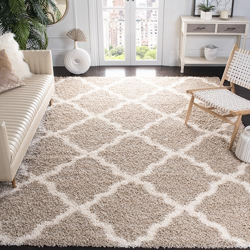 SAFAVIEH Dallas Shag Collection Area Rug - 10' x 14', Beige & Ivory, Trellis Design, Non-Shedding & Easy Care, 1.5-inch Thick Ideal for High Traffic Areas in Living Room, Bedroom (SGD257D)