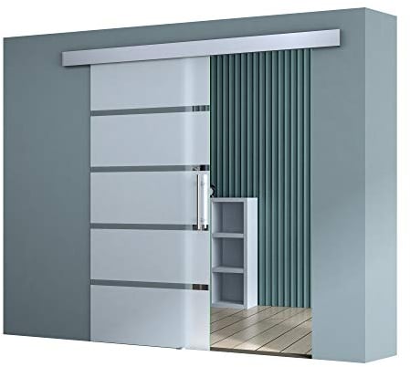 doporro Porta Scorrevole in Vetro 102.5x215cm, Porte Scorrevoli in Vetro Satinato con Strisce Trasparenti con Maniglia Per Asta per Bagno Cucina Studio Ufficio, Amalfi TS13H-1025 MSLG