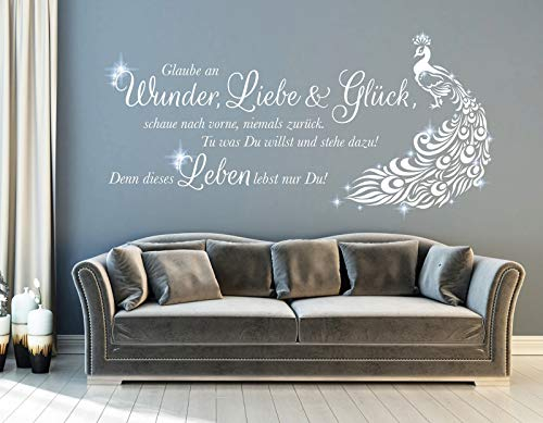 tjapalo® pkm490 wandtattoo wohnzimmer spruch zitate Wandsticker glaube Wandtattoo glaube an wunder liebe und glück Pfau mit glitzer Kristallen viele Farben, Farbe: Silber, Größe: B120xH49cm