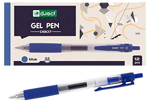D.RECT 0907 12 Stück | Gelschreiber Druckgelschreiber | Gelstifte feine Spitze | Gummierte Grip Blau