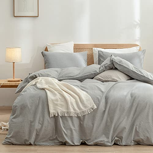 BESTOUCH Bettbezug-Set, 100% Gewaschene Baumwolle, fühlt Sich super weich und bequem an, schick, leicht, 3-teiliges Bettwäsche-Set für Zuhause, einfarbig, hellgrau