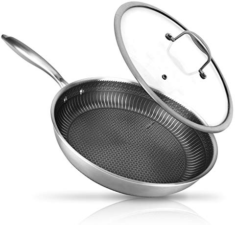 NutriChef Sartén de Acero Inoxidable de 12 – Sartén Wok de Cocina Triply con Recubrimiento Antiadherente DAKIN, Estructura de Panal Resistente a Arañazos con Textura de Fuego