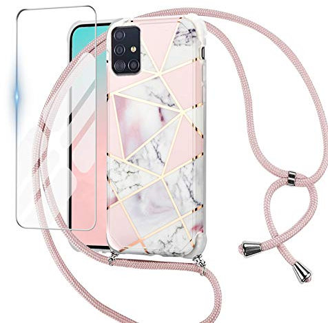 Kaply Handykette Hülle Kompatibel mit Samsung Galaxy A51 Marmor Glitzer Silikon TPU Schutzhülle mit Kordel und Ringhalter Roségold